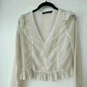 Zara White Blouse with Lace & Button details - Size XS
